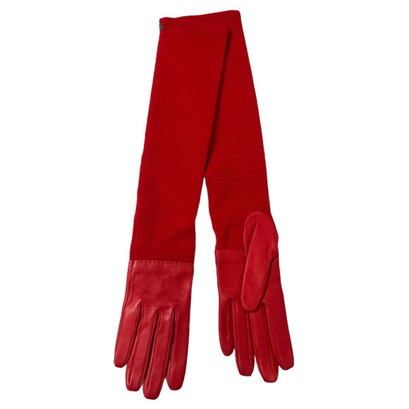 NWOT Chanel RUNWAY Red Leather Wool Ribbed Knit 7.5 Long Opera Gloves - Picture 1 of 15